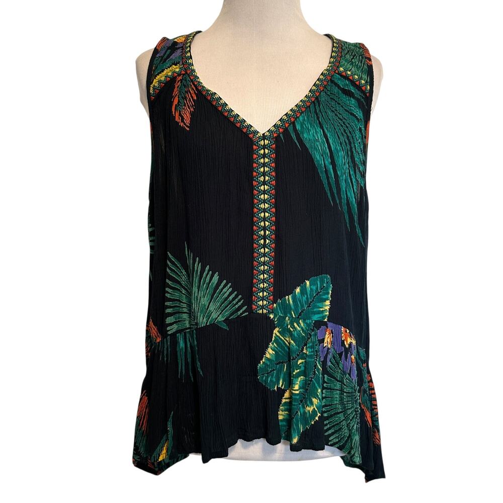 Patrons of Peace Tropical Crinkle Tank Womens Large Navy Multicolor Embroidered - Picture 2 of 8